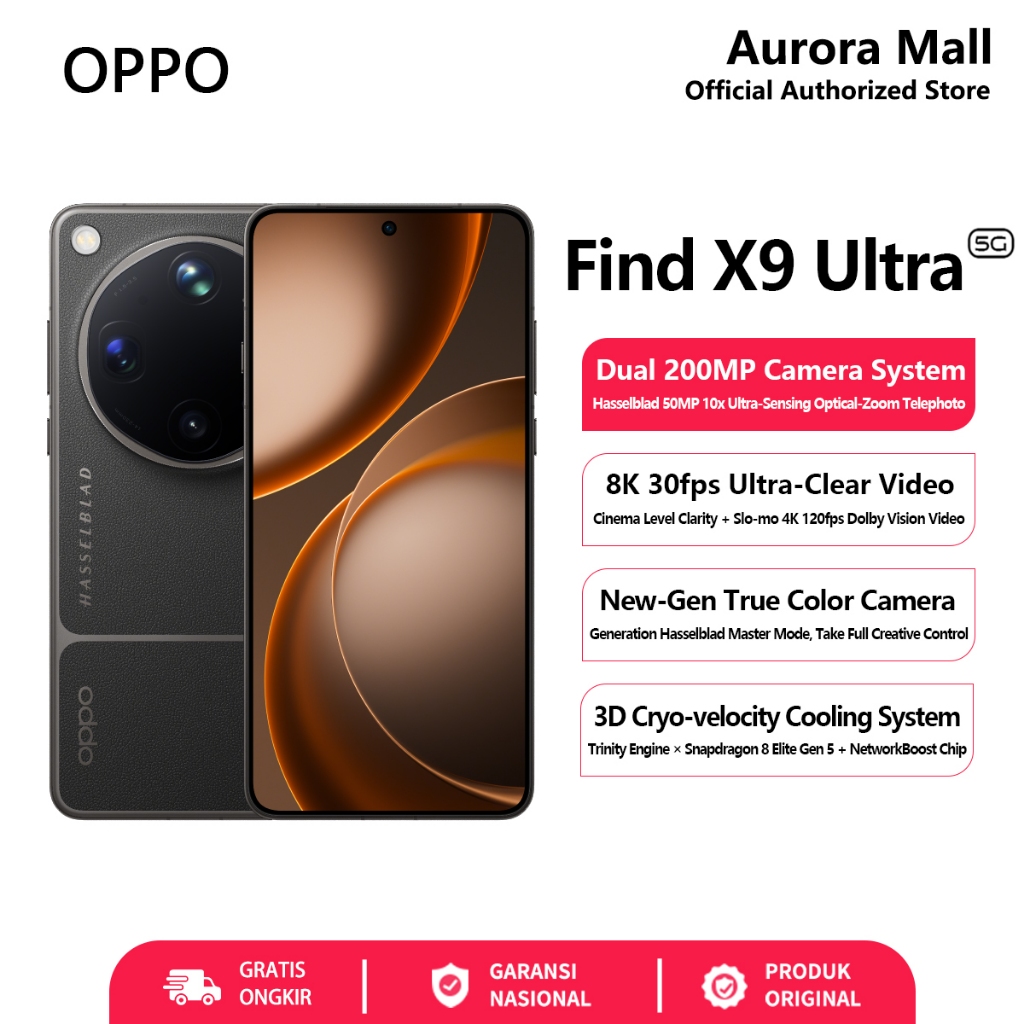 HP OPPO Find X9 Ultra 5G 12/512GB RAM 12+12GB Extended ROM 512GB Official Store Android Terbaru 2026
