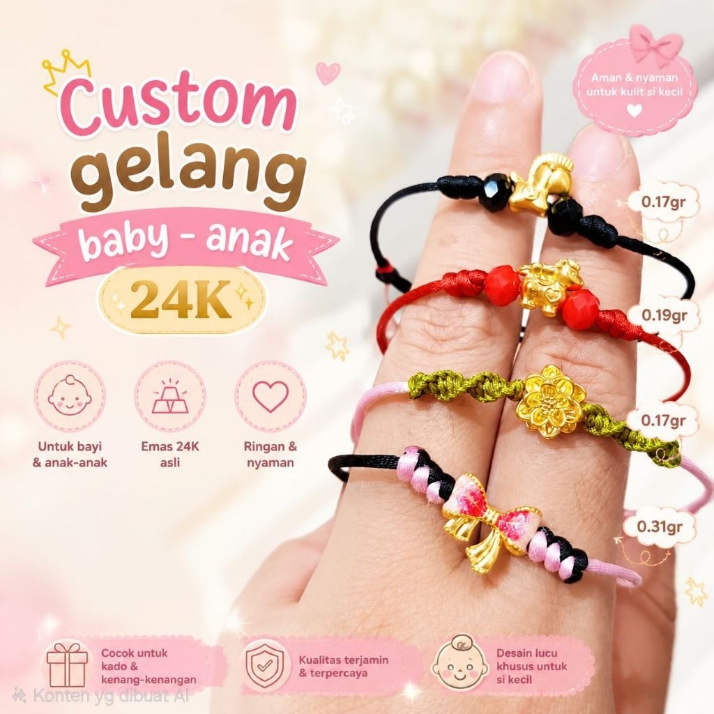 ORDERAN khusus custom Gelang Tali Cina Kombinasi Emas Murni 24 Karat – Asli Hongkong – Bersertifikat