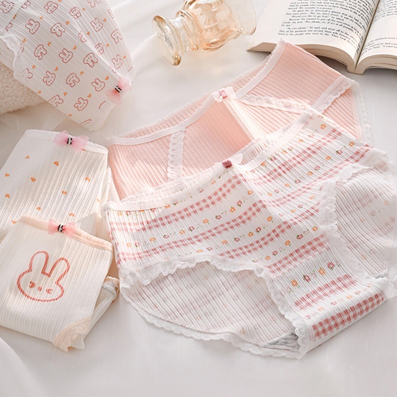 •YF•CD Celana CD2149  Dalam Katun Renda Pita Wanita Rabbit Head Pink Putih Menyerap Keringat