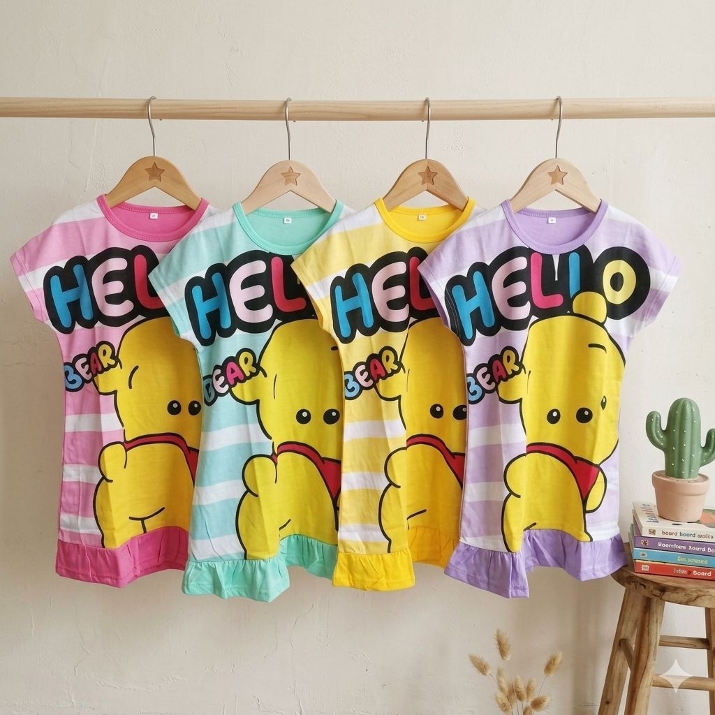 BAJU TIDUR POOH DASTER ANAK PEREMPUAN DEDINA SML XL-3L