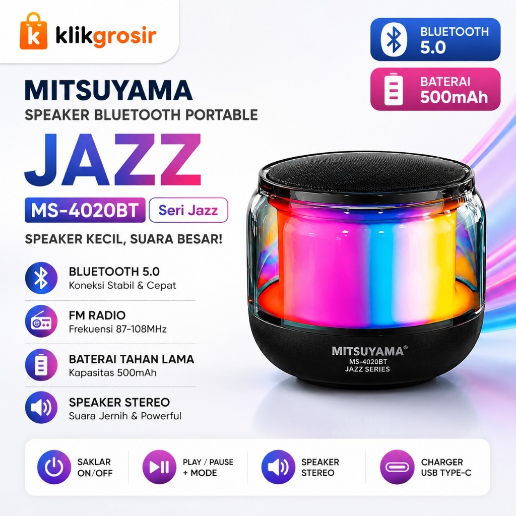 Speaker Bluetooth Portable Mitsuyama MS-4020BT Jazz – Speaker Mini LED RGB FM USB Type C