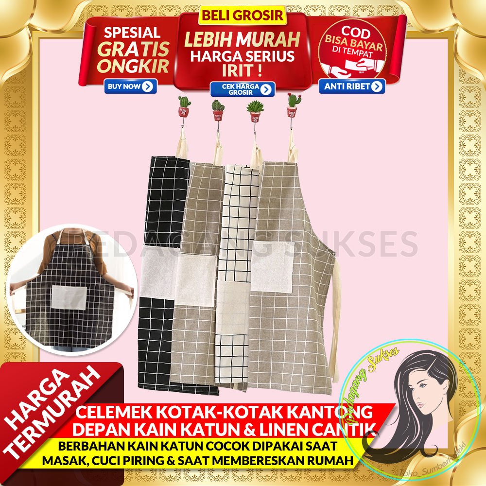 Celemek Apron Motif Kotak-Kotak Kantong depan Kain Katun dan Linen Cantik Praktis Celemek MINORD