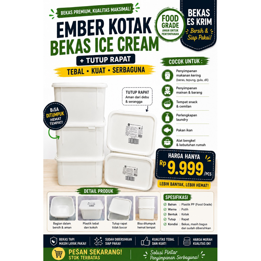 Ember/Pail kotak Bekas Ice Cream Kotak Tebal + Tutup kap. 8 Liter