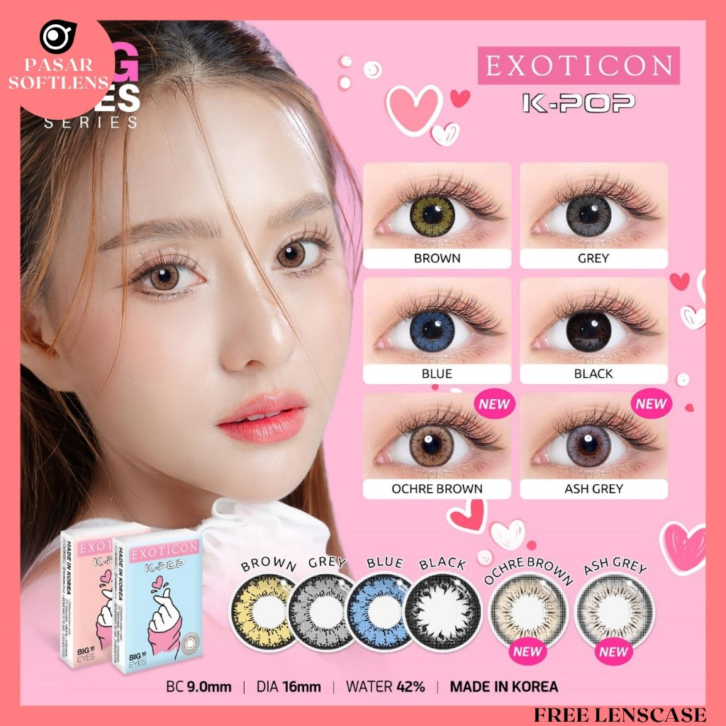 SOFTLENS X2 KPOP MINUS -4.50 sd -6.00 BY EXOTICON DIA 16MM FREE LENSCASE BIG EYES BLACK BROWN BLACK 
