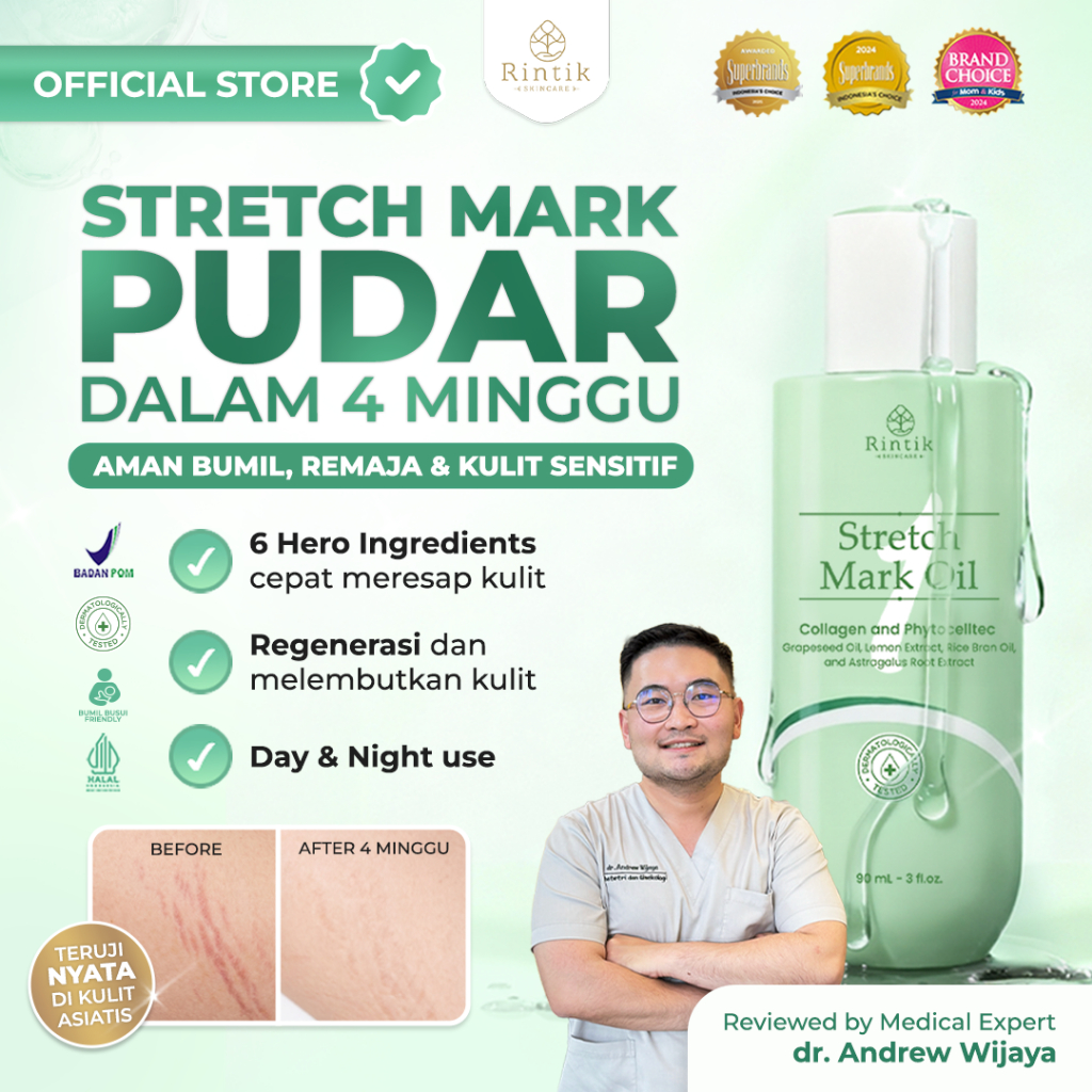 Rintik Skincare Stretch Mark Oil - Pudarkan Stretchmark Selulit Bekas Luka mengandung Collagen & Ste