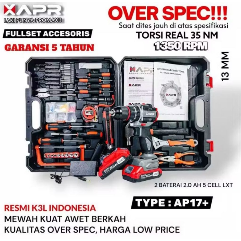 MESIN BOR APR AP17+ 88V BRUSHLESS FULLSET CORDLESS DRILL APR 88V BOR BETON KAYU TEMBOK 13MM APR 88V 