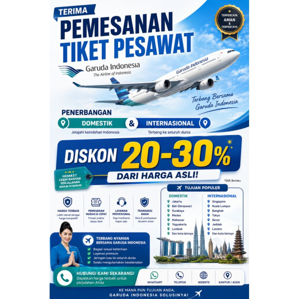 PROMO TIKET PESAWAT PENERBANGAN DOMESTIK DAN INTERNASIONAL DISKON 20-30%