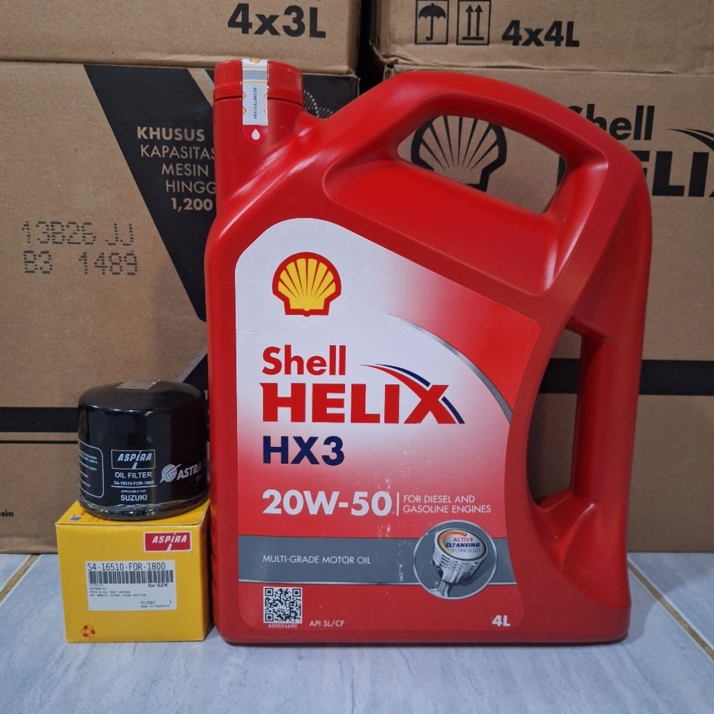 paket oli SHELL HX3 20W-50 4 Liter dan filter oli mobil SUZUKI Karimun, spresso, ertiga, XL7, carry,