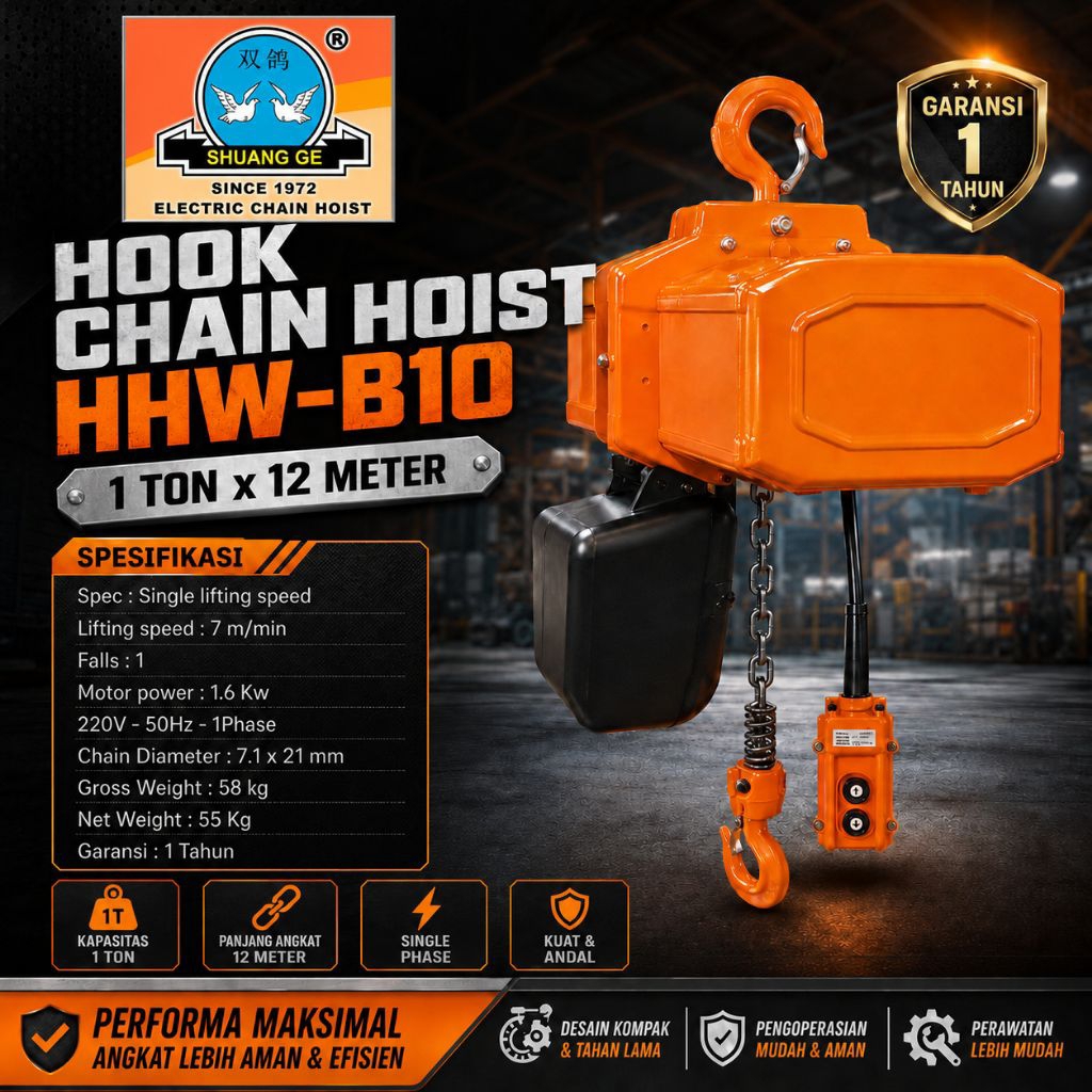 Katrol Rantai Listrik SHUANG GE HHW-B10 1Ton 12M Elektrik Chain Hoist