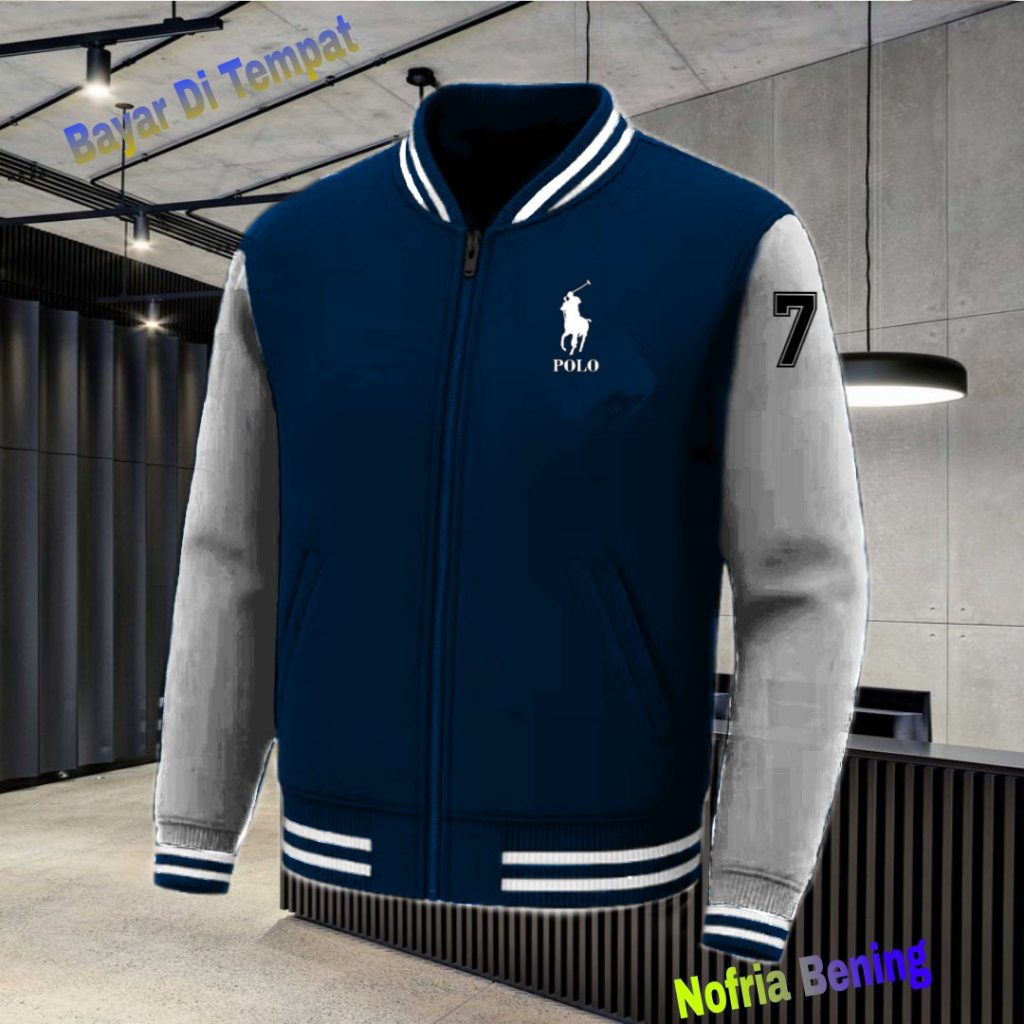 BISA COD Jaket Bomber Varsity Baseball Resleting Logo Polo +Lengan 7 Text Putih Origin Premium Jaket