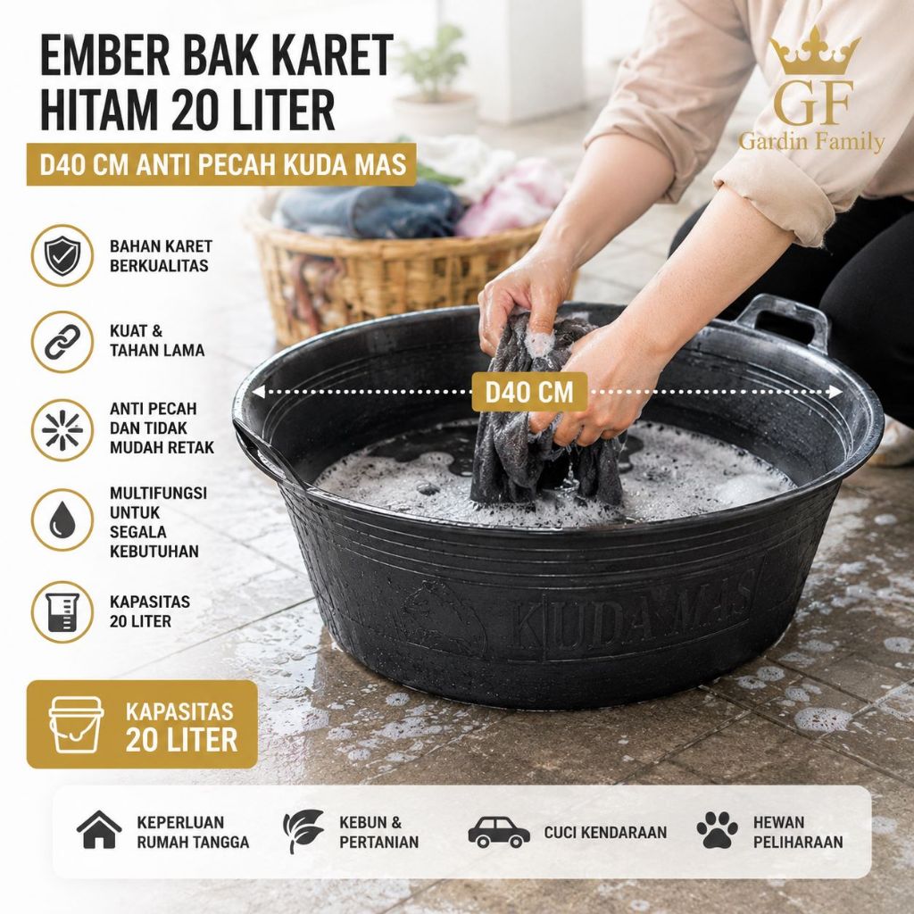 Ember Bak Kuping Karet Hitam 20 liter D40 cm Anti Pecah Kuda Mas  - Khusus Gojek Grab