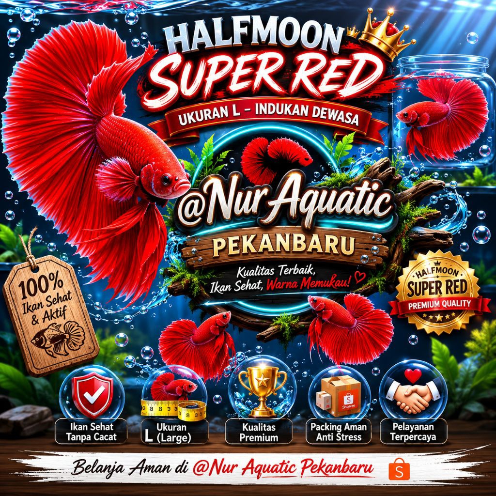 Ikan Cupang Halfmoon - Super Red - Jantan - Size L - Hiasan Aquarium
