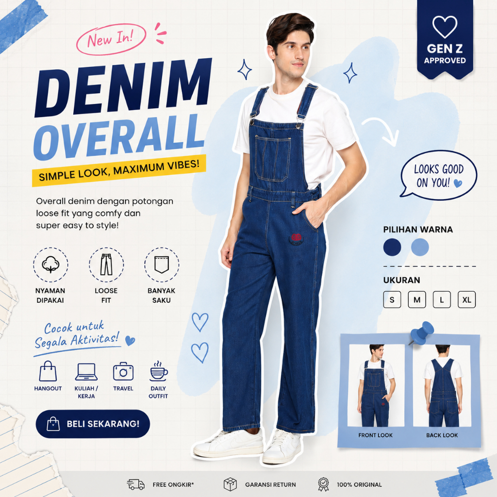 Jumpsuit Overall Pria | Celana Kodok Jeans Loose Kekinian C03