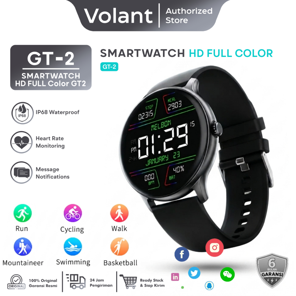 VOLANT Smartwatch GT2 HD Full Color Layar Sentuh Bulat Jam Tangan Pintar IP68 Waterproof Tahan Air S