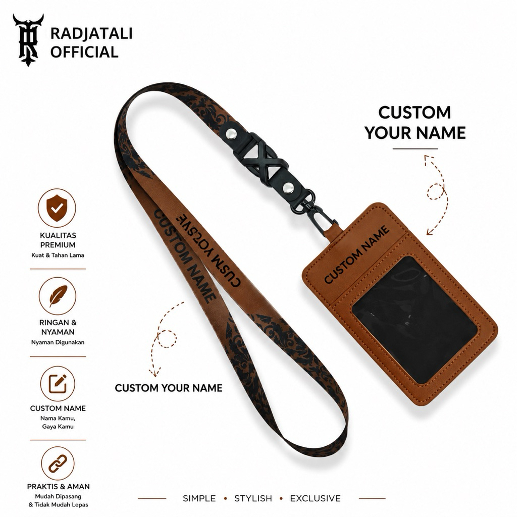 Lanyard Kulit Holder ID Card Custom Nama Grafir Leather - BROWN