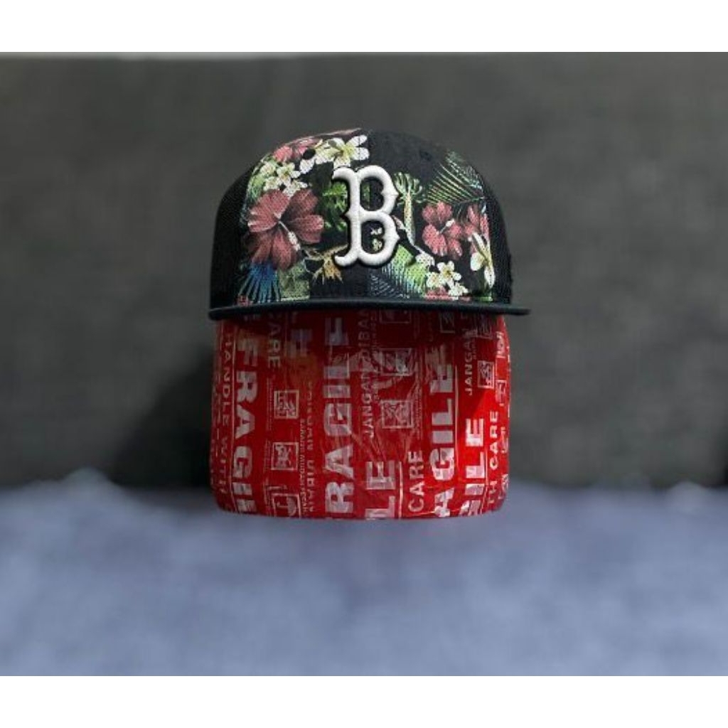 Topi MLB Korea Original Boston Red Sox Black Floral Trucker Hat Cap Authentic Second