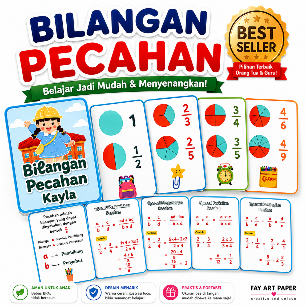 Flashcard Matematika Bilangan Pecahan Media Belajar Anak SD Kurikulum Merdeka