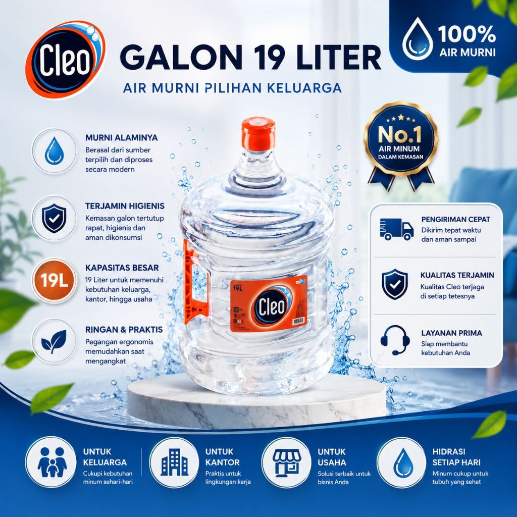 LANGSUNG KIRIM Cleo 19 Liter Galon + Isi Air Mineral Murni Asli Praktis Segar