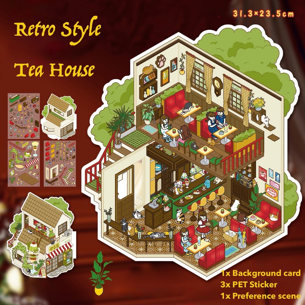 Tea House DIY Stiker PET 3D / Premium Large 3D Stickers DIY Landscaping