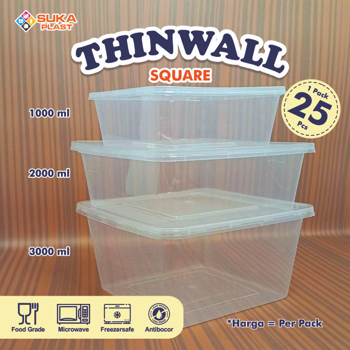 Thinwall Square Kotak Makan Plastik Persegi Wadah Nasi Berkat Kue 1000 1500 2000 2500 3000 3600 ml