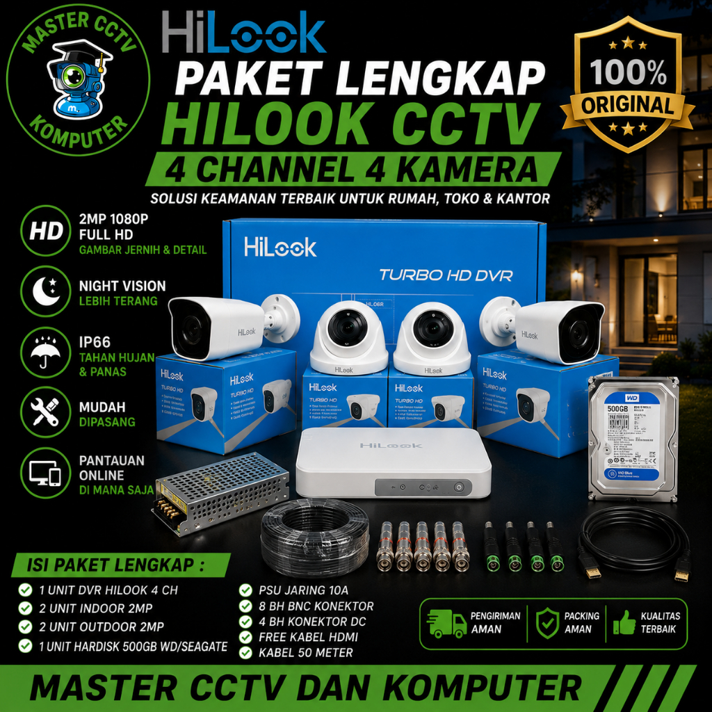 PAKET LENGKAP HILOOK CCTV  4 CHANNEL 4 KAMERA