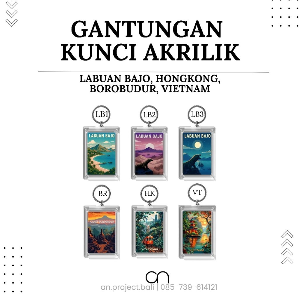 Gantungan kunci akrilik Labuan Bajo/Borobudur/Vietnam/Hongkong