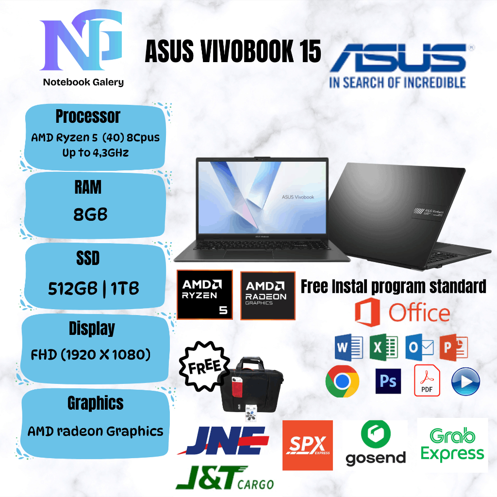 Laptop Baru ASUS VIVOBOOK GO 15 AMD Ryzen 5 (40) 8 Cpus Up to 4,3 GHz RAM 8GB / SSD 1TB