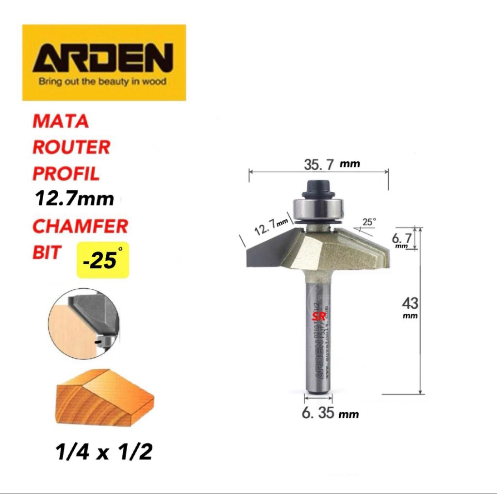 Mata Router/ Profil 12 mm As 1/4 × 1/2 Chamfer/ Horse Nose Bit 25 Derajat ARDEN