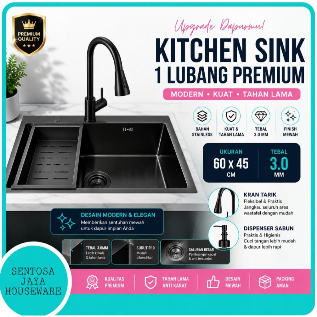 SINK CUCI PIRING 1 LUBANG HITAM STAINLESS / WASTAFEL BAK CUCI PIRING 1 LUBANG HITAM STAINLESS 6045
