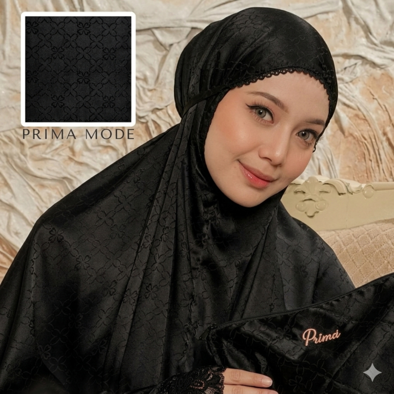 PRIMA MODE - Mukena Black Series Bahan Armany Silk Jaguar Renda Tas Free Sajadah Muka Mukena Hitam