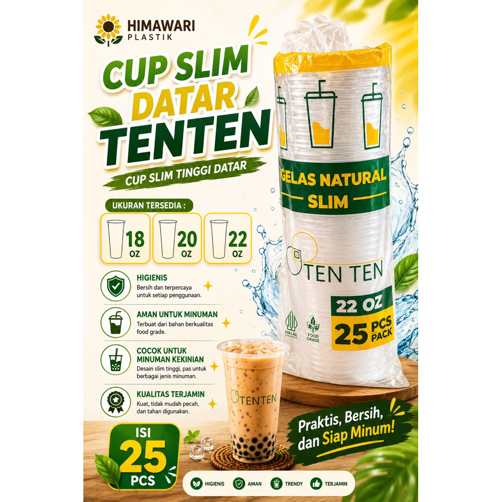Cup Slim Tinggi Datar 7 Gram Uk. 18oz 22oz TENTEN Isi 25 Pcs | Cup Plastik Slim Tinggi Datar