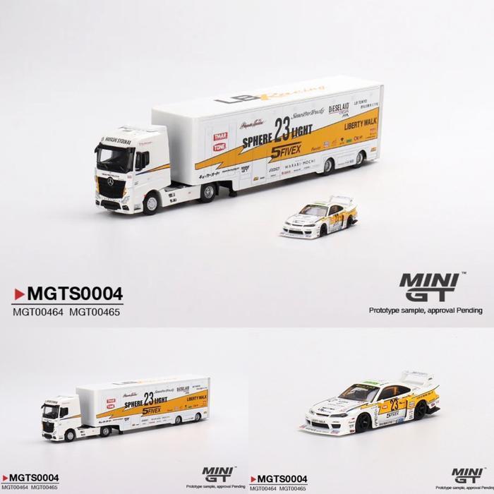 Mini GT MGTS0004 Mercedes Benz Actros & Nissan Silvia S15 LB Racing Transporter Set