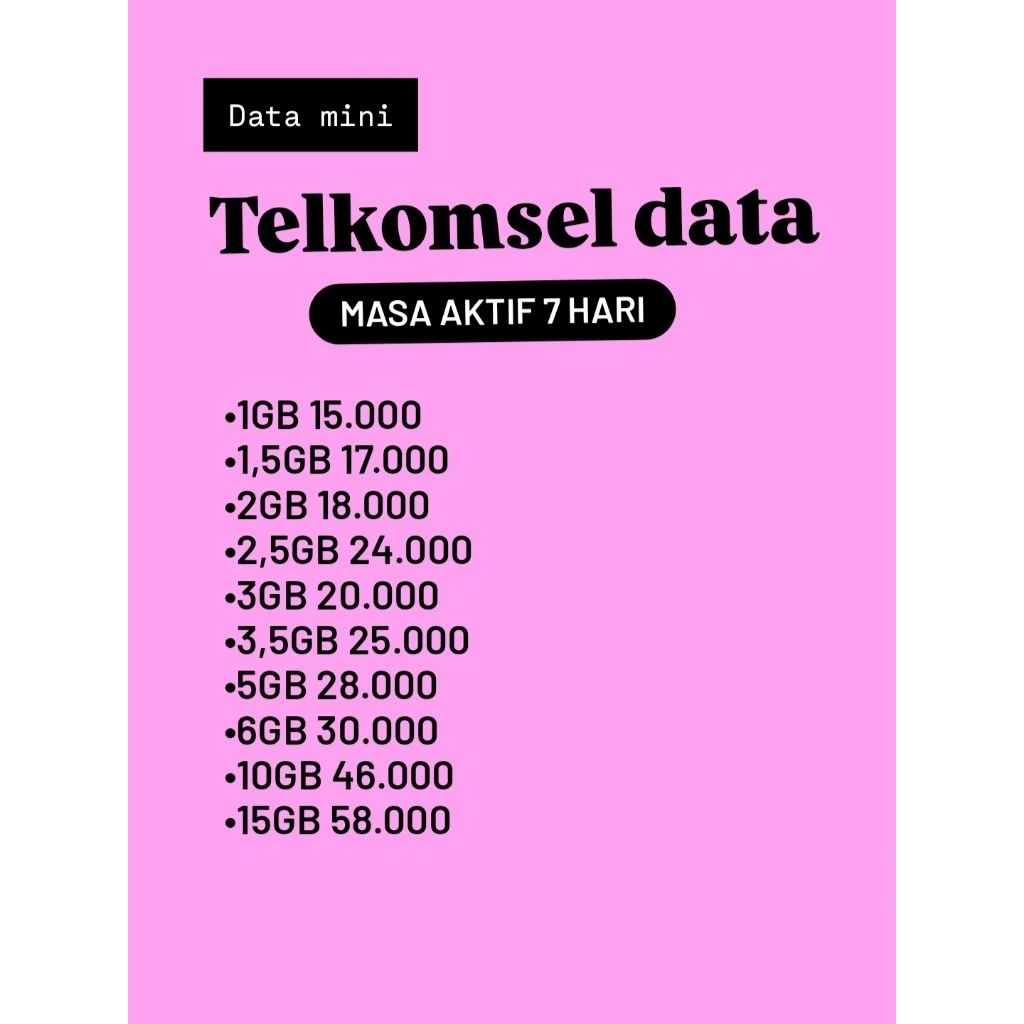 Paket data Telkomsel data mini 7 hari 1gb 1,5gb 2gb 2,5gb 3gb 3,5gb 5gb 6gb 10gb 15gb