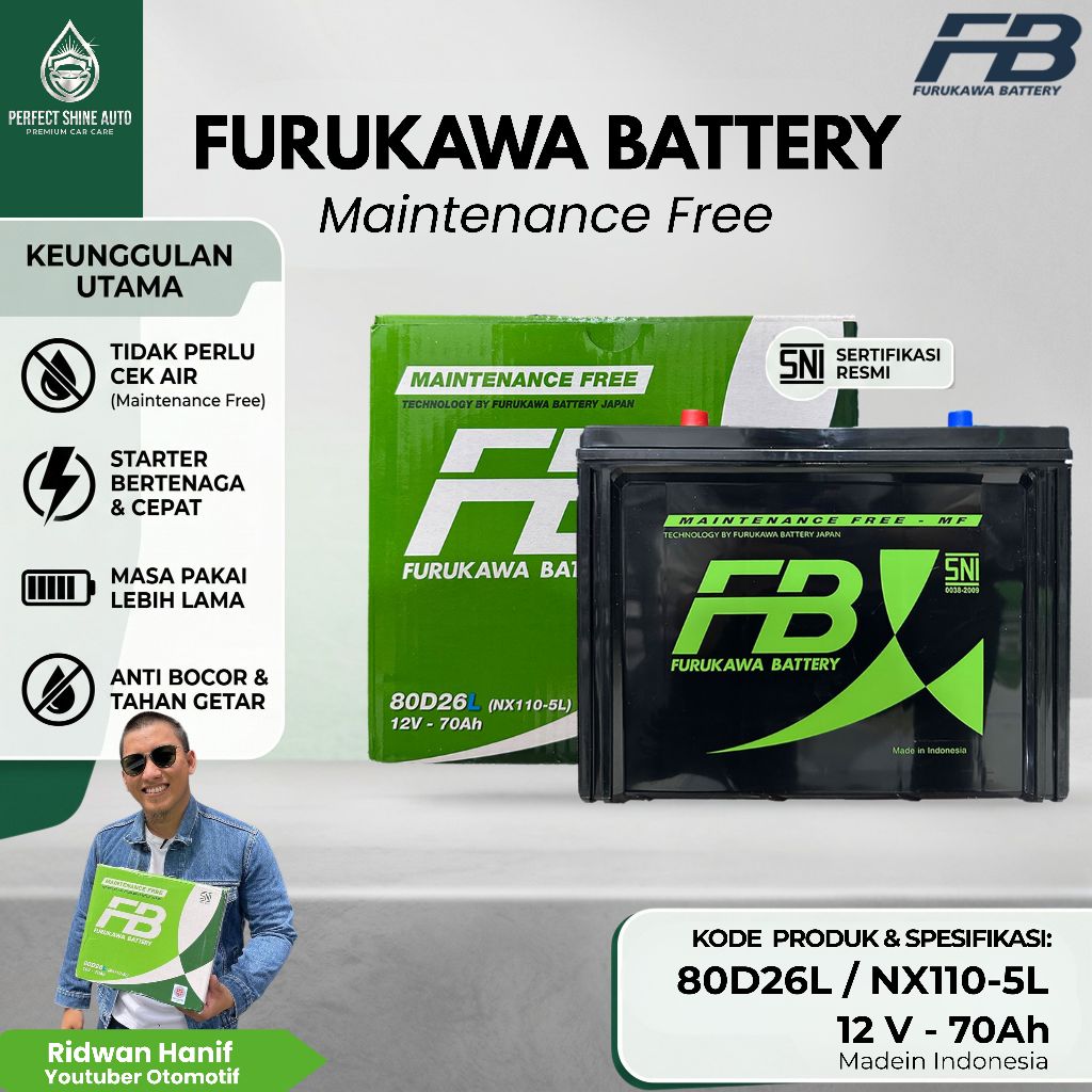 Furukawa Battery / FB Aki Mobil Toyota Harrier 80D26L 70Ah Aki Kering