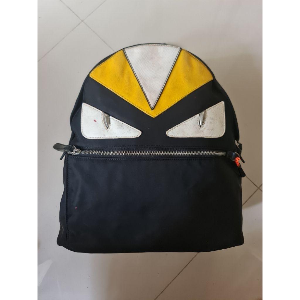 219. Ransel Unisex Fendi Monster Backpack Mohawk Fur Crest Black Nylon with Leather Seri : CA 258187