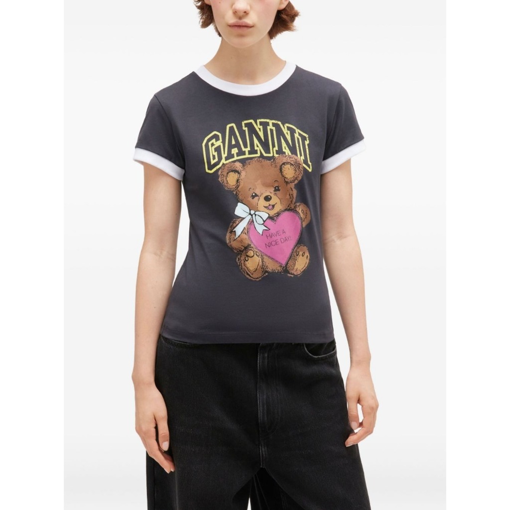 T-SHIRT GANNI LOGO TEDDY CROPPED BLACK