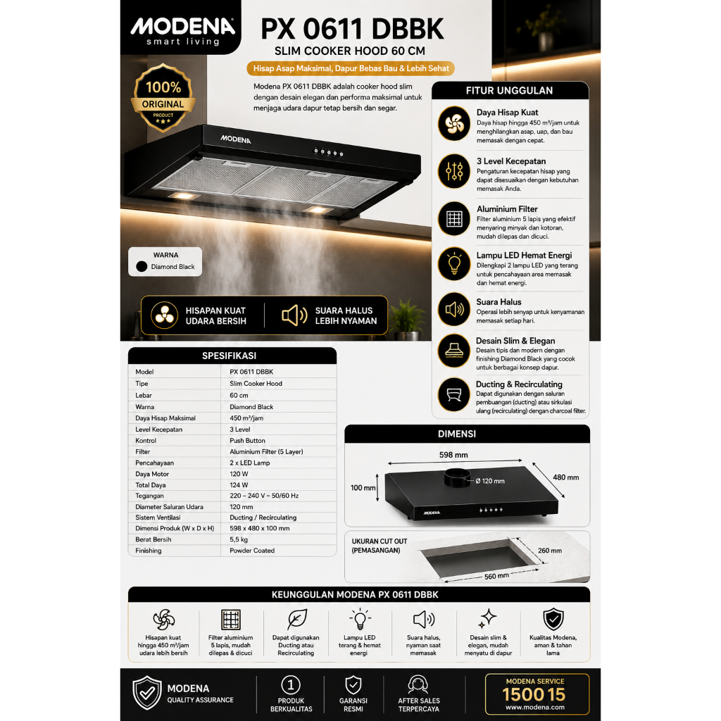 Slim Cooker Hood 60 CM MODENA PX 0611 DBBK / Alat Penghisap Asap Dapur 60CM MODENA PX 0611DBBK