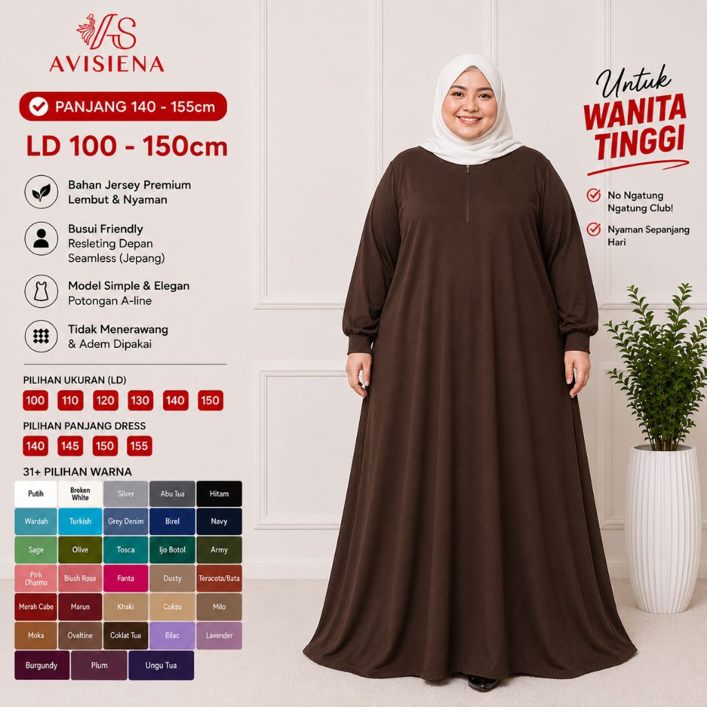 AVISIENA - GAMIS PANJANG 140, 145, 150, 155  POLOS JERSEY | BASIC DRESS WANITA TB 170 175 180 185
