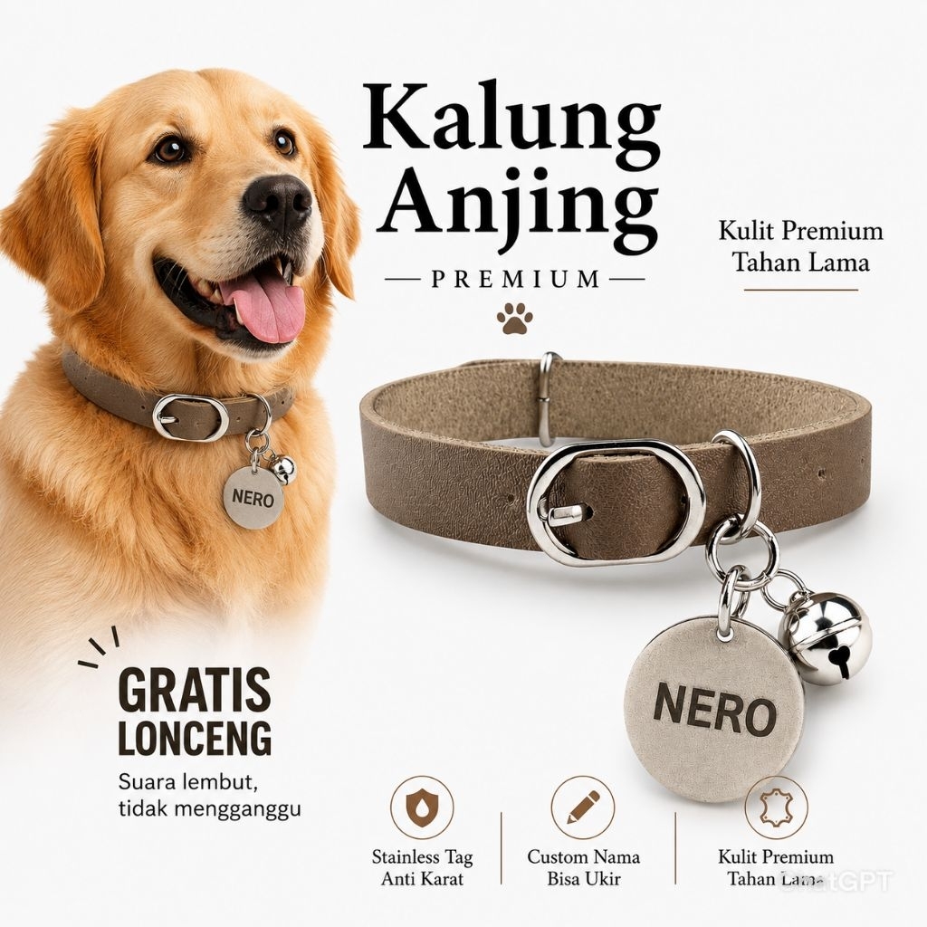 Kalung Anjing  Custom Nama Liontin Metal Kulit Premium