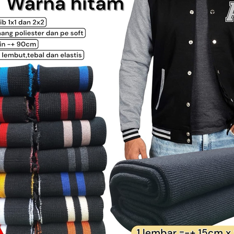 Kain Rib Bur 1x1 Poliester Polos Motif Warna Hitam tebal Premium harga Meteran