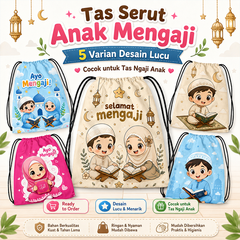 Tas Serut Anak Mengaji Tas Ransel Anak Mengaji Tas Gendong Anak Mengaji / Stringbag Mengaji Tas Seru