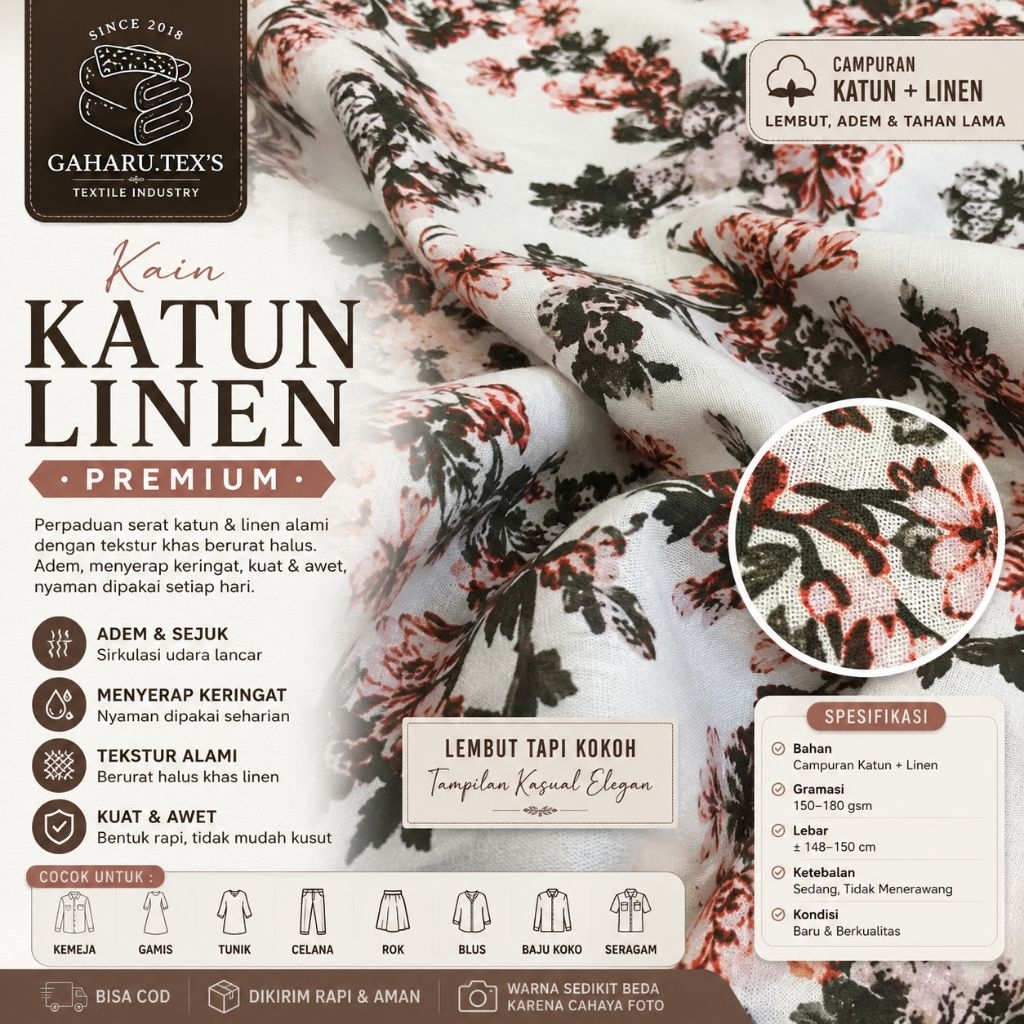bahan katun linen premium - katun linen motif flower - katun linen meteran