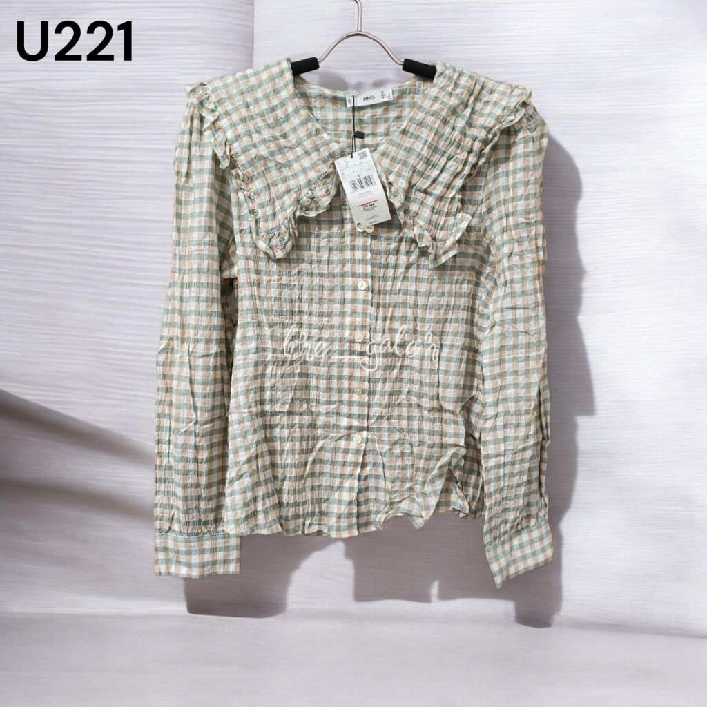 U221 New MNG Mango Original 100% Baju Blouse Hijau Coklat Kotak Kotak Bagus Murah