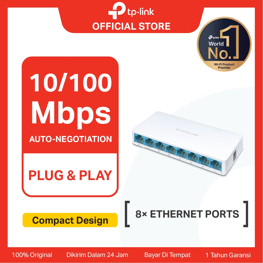 TP-Link | Mercusys MS108 | 8 Port Desktop Switch | 10/100Mbps Ethernet Hub | Plug & Play | Compact