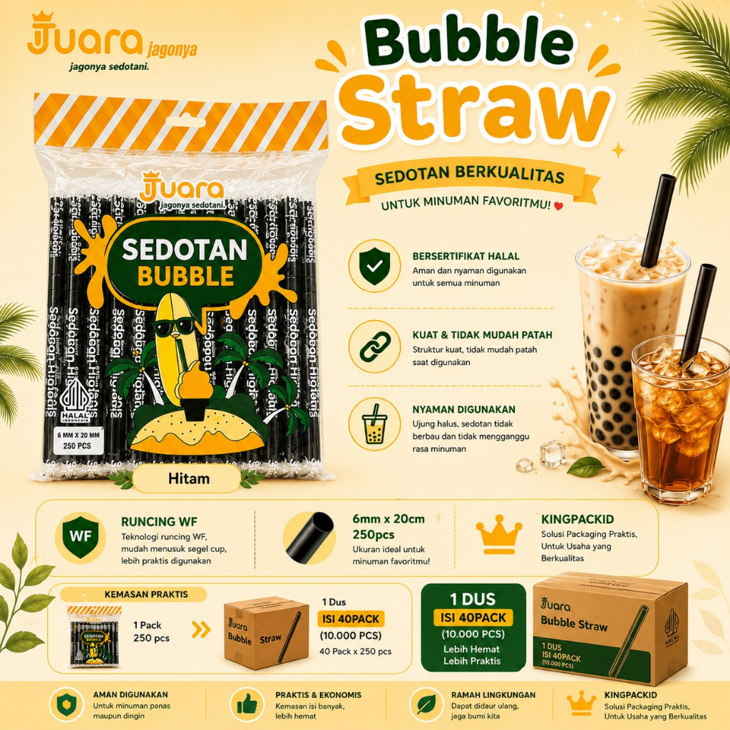[1DUS620JUARA]-WF-Sedotan Runcing Hitam Banyak Ukuran Minuman Teh Kopi Steril Higienis Bungkus plast