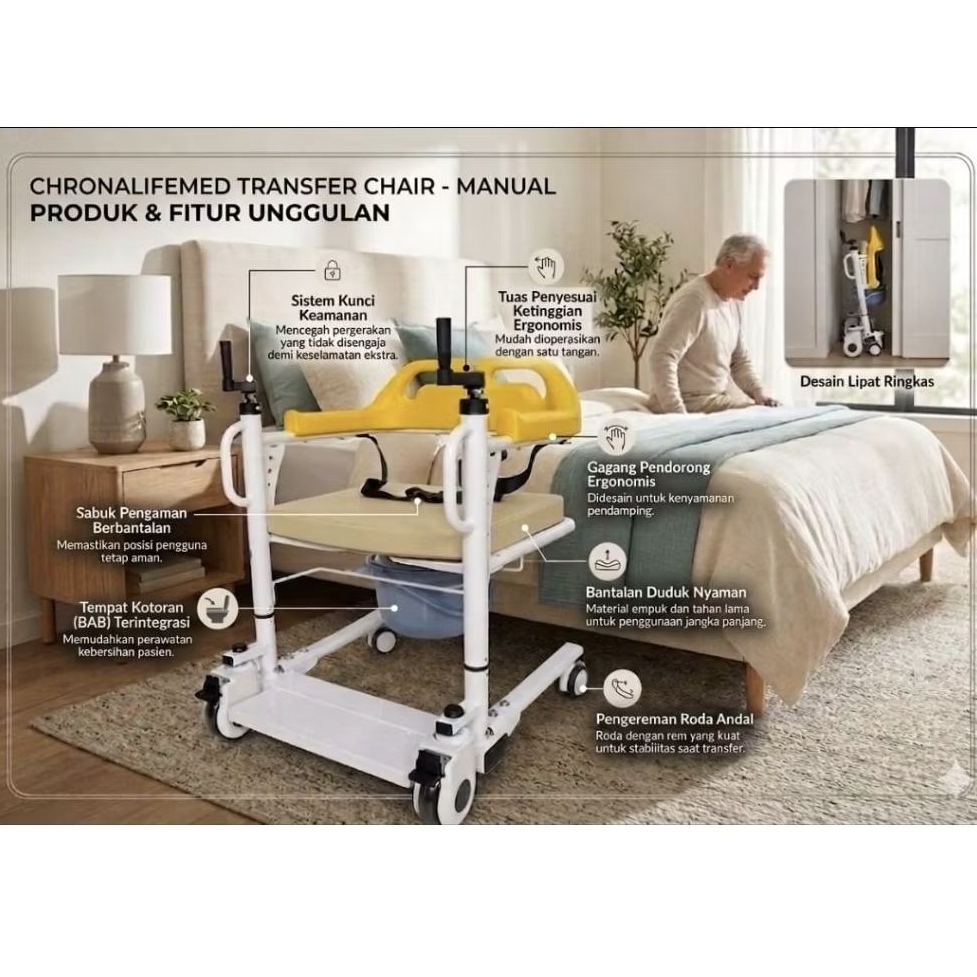 CHRONA LIFEMED Kursi Roda Transfer Pasien Semi Hidrolik / Commode Chair Transfer / Kursi Transfer Pa