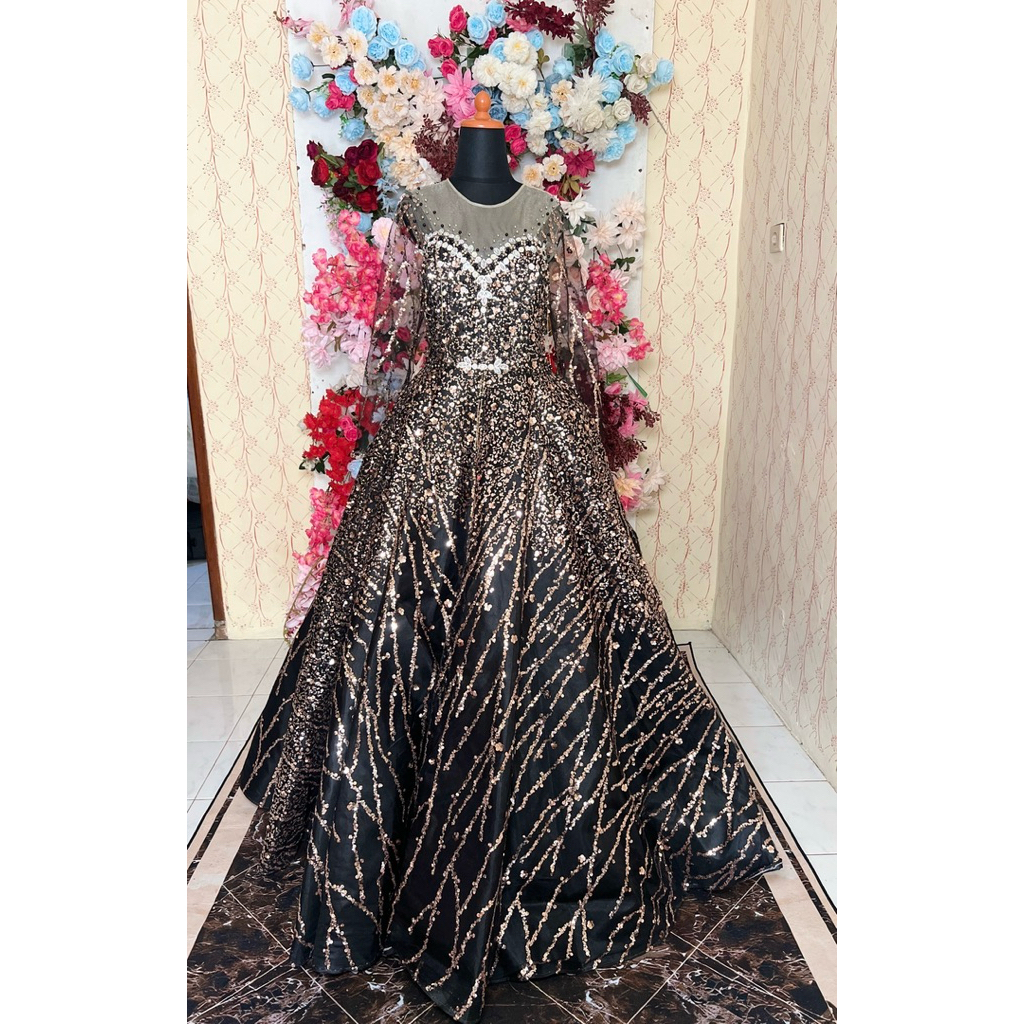 preloved gaun krinolin wedding hitam payet gold
