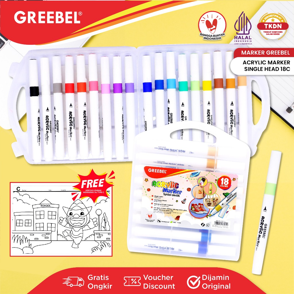 GREEBEL Spidol Warna Warni 1 Set / Spidol Marker Acrylic Single Head (18 Warna) / Spidol Warna / Ske