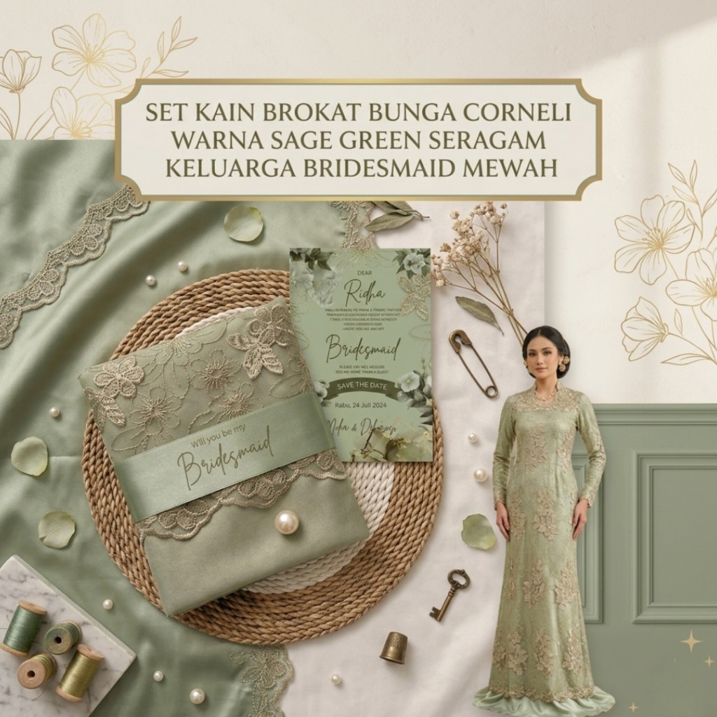 1/2 Kain Brokat Bunga CORNELI Warna SAGE GREEN Kain/ Bahan Kebaya Premium Mewah
