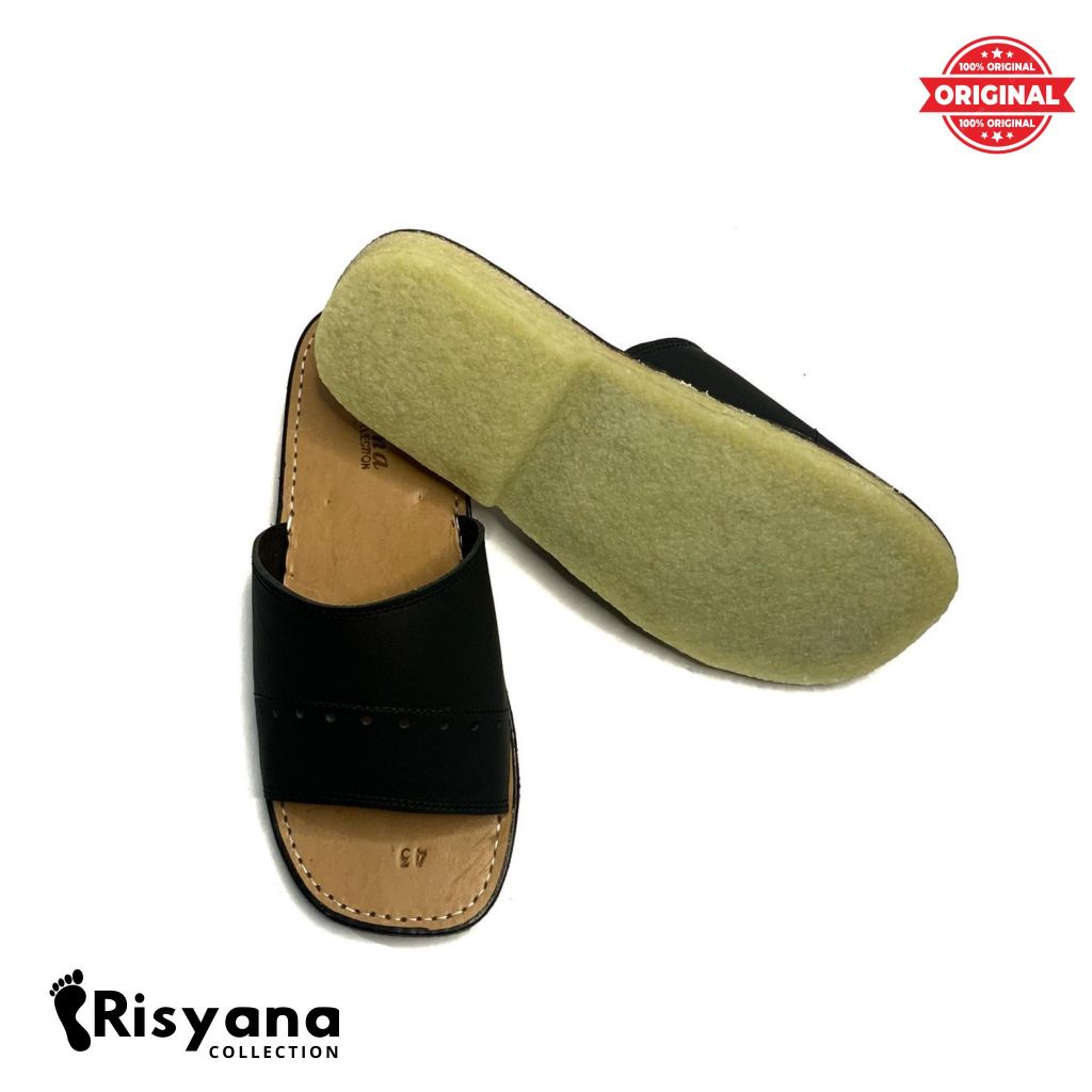Sandal Tarumpah Pria Model Selop Karet Mentah Kulit Asli Warna Hitam Coklat Tan Putih Merah Bata Cok